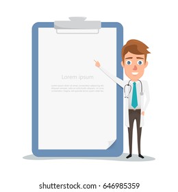 Full length of doctor pointing at  big clipboard. Vector illustration