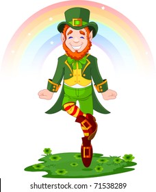 Full length drawing of a leprechaun dancing a jig for St. Patrick's Day