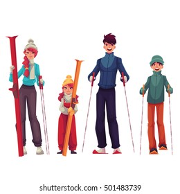 Full length family portrait of father, mother, daughter and son with ski, cartoon vector illustration isolated on white background. Cheerful family in winter clothes with ski and ski poles