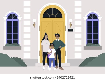 A full length family portrait, a multiracial couple and their child at the entrance door on a first day of school