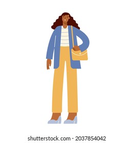 Full length female character. Back girl stands and smiles. Modern young woman in casual outfit. Colored flat vector illustration isolated on white background.