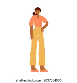 Full length female character. Black girl stands and smiles. Modern young woman in fashionable outfit. Vector illustration, flat design. Isolated on white. 