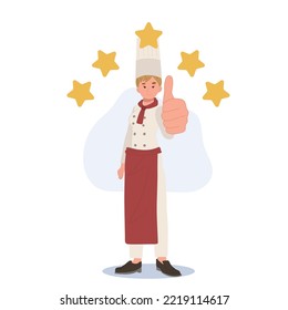 Full length female chef or baker with thumbs up five stars . vector cartoon illustration 