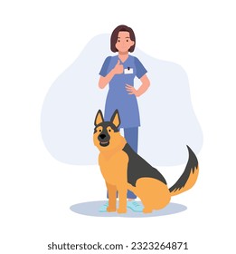 Full length of female Veterinarian with dogs. Profession veterinarian showing thumb up as good service. woman vet with dogs. Flat vector cartoon illustration