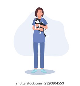 Full length of female Veterinarian Hugging cat. Profession veterinarian. Woman vet holds a cat. Flat vector cartoon illustration