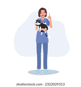 Full length of female Veterinarian Hugging cat and giving information suggestion. Profession veterinarian. woman vet holds a cat. Flat vector cartoon illustration