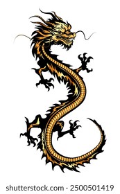 Full length figure of a Chinese dragon. Black and gold dragon, zodiac sign according to the Chinese calendar. Vector illustration isolated from background.