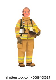 Full length firefighter woman in protective uniform and with a helmet. Happy firewoman over white background. Vector illustration in cartoon style