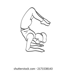 full length of fit yogi woman doing advanced inversion and arm-balance Scorpion Handstand illustration vector hand drawn isolated on white background line art. Vrischikasana. 