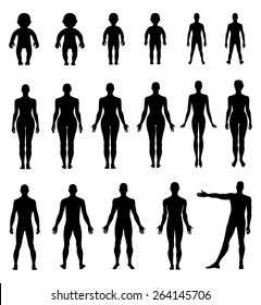 Full Length Front, Back Human Silhouette Vector Illustration, Isolated On White