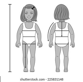 Full length front, back, side view of a standing girl preschooler tailor measurements in swimsuit. You can use this image for fashion design and etc. EPS8.