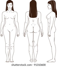 Full length front, back, side view of a standing naked woman. You can use this image for fashion design and etc.