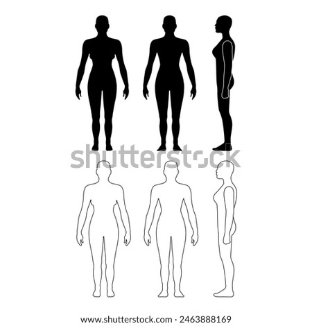 Full length front, back, side view of a lean bald standing naked woman silhouette, isolated on white background. Vector illustration.
