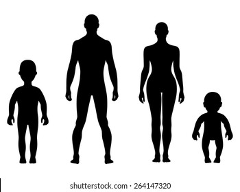 Full Length Front Human Silhouette Vector Illustration, Isolated On White
