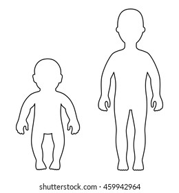 Full length front outlined silhouette child, baby set vector illustration isolated on white