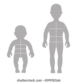 Full length front silhouette child, baby set  with marked body's sizes lines vector illustration isolated on white