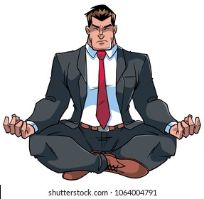 Full length front view of a business man meditating in lotus position during yoga practice for calmness and stress relief against white background for copy space.