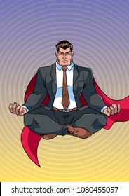 Full length front view of businessman meditating for calmness and stress relief, against abstract background for copy space.