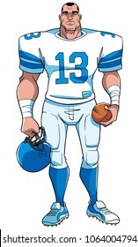 Full length front view of a determined and competitive American football player standing ready for the game against white background for copy space