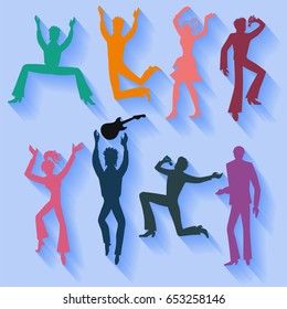 Full length front view flat lay long shadow colored grope of artists (dancers, singers, musicians). Vector illustration.