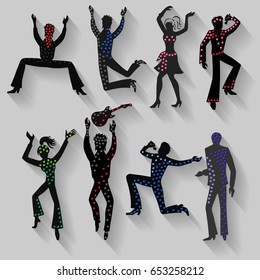 Full length front view flat lay long shadow grope of artists with decorated lights (dancers, singers, musicians). Vector illustration.