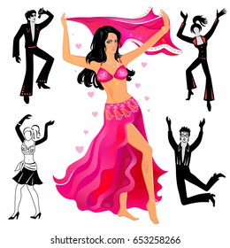 Full length front view grope of artists (dancers, singers), isolated on white background. Vector illustration