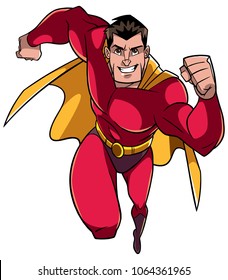 Full length front view of a powerful and muscular superhero running fast during courageous mission isolated on white background for copy space