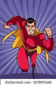 Full length front view of a powerful and muscular superhero running fast during courageous mission, on abstract background and some copy space.