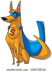 Full length funny illustration of a strong and healthy dog wearing superhero blue cape and mask against white background for copy space