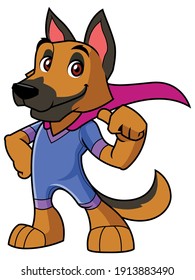 Full length funny illustration of a strong and healthy dog wearing superhero cape and costume against white background for copy space.