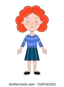 Full length ginger girl in a blue sweater with closed eyes