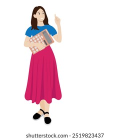 Full length girl with big calculator in one hand, index finger of other hand raised up, isolated on white, flat style, avatar