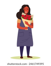 Full length girl with a bouquet of flowers. Florist with roses in a working uniform with an apron. Vector graphics.