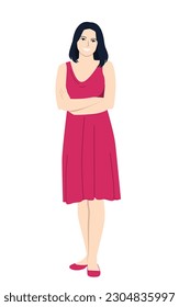 Full length girl in a dress. She is smiling and friendly. Man in cartoon style.