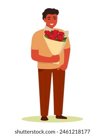 Full length guy with a bouquet in his hands. A man with a gift, a surprise of flowers. Congratulations on the holiday. Vector graphics.