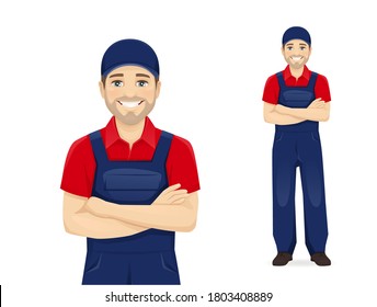 Full length handsame man in blue overalls standing with arms crossed isolated vector illustration