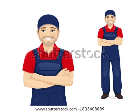 Full length handsame man in blue overalls standing with arms crossed isolated vector illustration