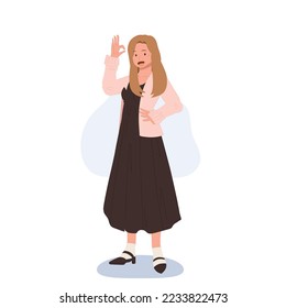 Full length of happy young woman shows Ok sign. Positive gesture, approval gesturing. Flat Vector cartoon character illustration.