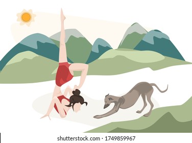 Full length of healthy young woman yoga with pet dog. (Greyhound) Attrative sport girl practicing yoga at green mountain landscape background. Meditation Psychotherapy treatment. Enjoying time alone.