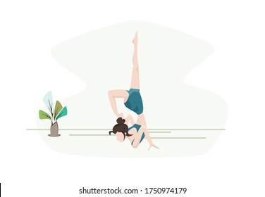 Full length of healthy young woman yoga exercise. (posture) Attrative sport girl practicing yoga at School Studio. Meditation Psychotherapy treatment. Enjoying time alone.Web page design. Vector