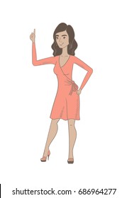 Full length of hispanic woman pointing her forefinger up. Young woman with forefinger pointing up. Vector sketch cartoon illustration isolated on white background.