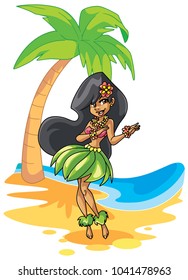 Full length illustration of an attractive Hawaiian woman wearing traditional costume while dancing on an idyllic tropical beach.
