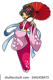 Full length illustration of a beautiful Asian woman wearing traditional clothing while holding a red umbrella against white background for copy space.