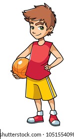 Full length illustration of a cute and active boy holding a basketball while wearing cool summer clothing outdoors against white background for copy space