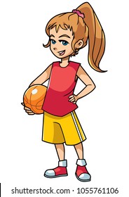 Full length illustration of a cute and active girl holding a basketball while wearing cool summer clothing outdoors against white background for copy space
