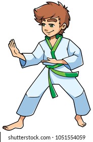 Full length illustration of a determined boy wearing karate suit and green belt while practicing martial arts for self-defense against white background for copy space.