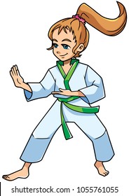 Full length illustration of a determined girl wearing karate suit and green belt while practicing martial arts for self-defense against white background for copy space.