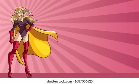 Full length illustration of determined and powerful superheroine wearing yellow cape while standing tall against abstract ray light background.