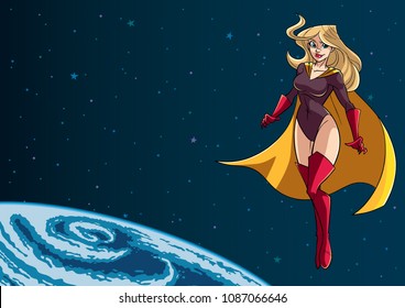 Full length illustration of determined and powerful superheroine wearing yellow cape while flying in the outer space during mission.