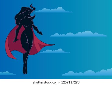 Full length illustration of determined and powerful superheroine flying during mission against sky background for copy space.